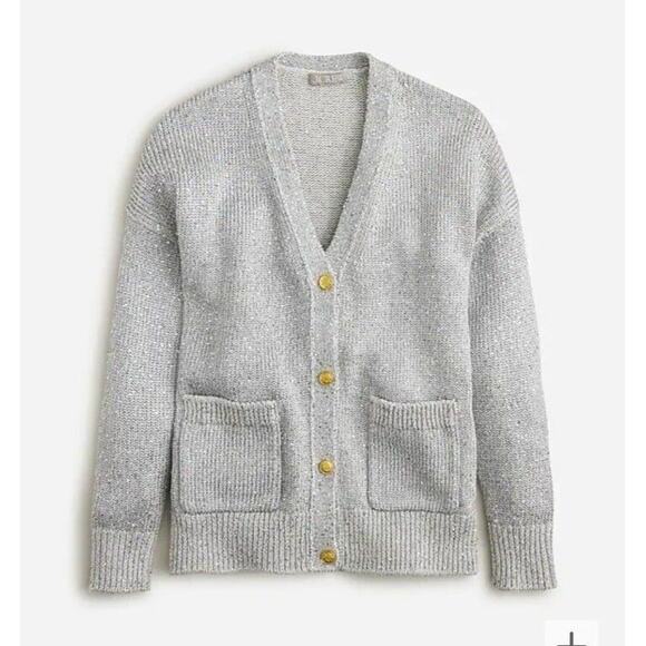 New womens sz Medium J Crew silver sequin button down relaxed fit cardigan BS951 - Picture 1 of 4